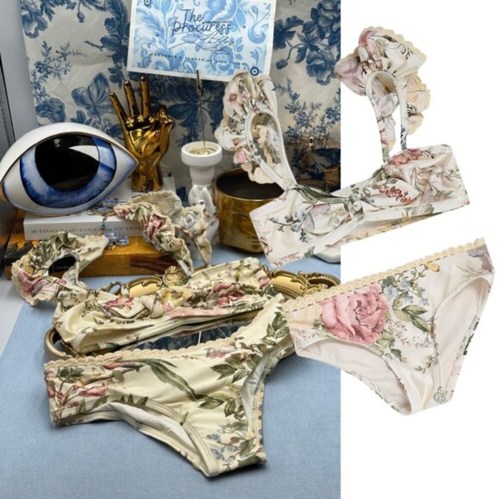 🆕 ZIMMERMANN KIDS 🧿 NWT Waverly Trim Frill Bikini Set, Cream Floral - Sz 10Y